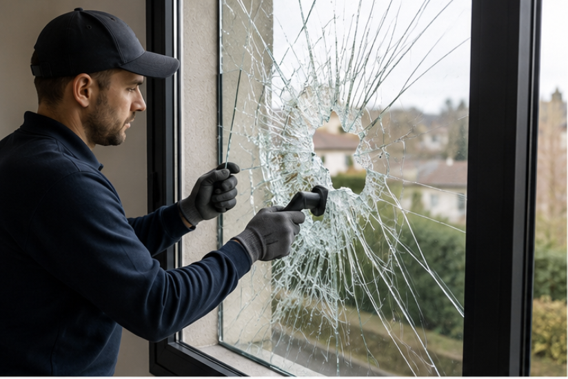Artisan VitroXpert intervenant sur une vitre fissurée